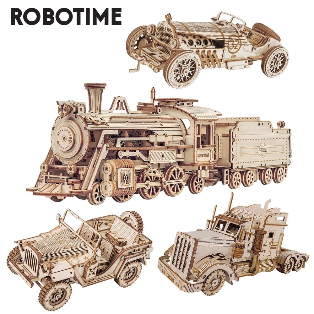 Robotime Rokr 3D Puzzle Movable Steam Train,Car,Jeep Assembly Toy Gift for Children Adult Wooden Model Building Block Kits - Quid Mart