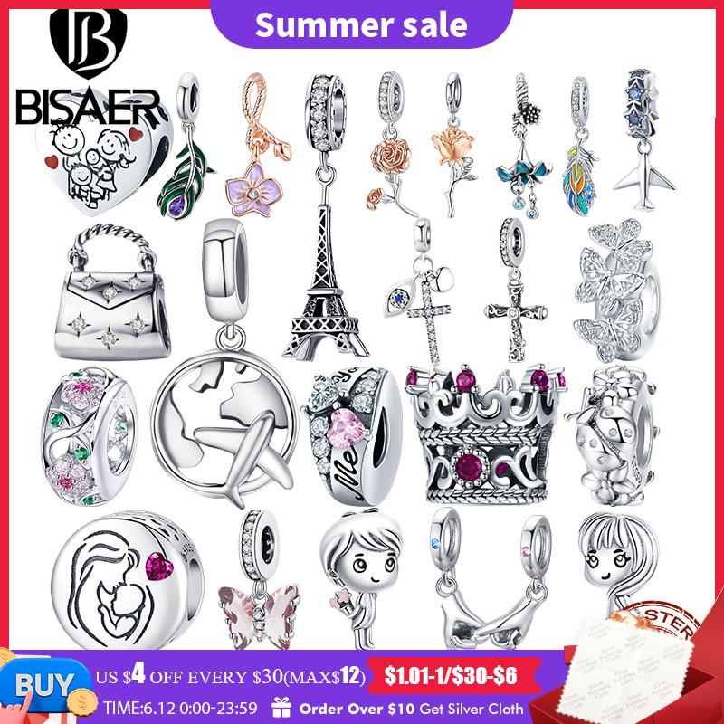 BISAER 925 Sterling Silver Airplane Pendant Boy Girl Family Eiffel Tower Charm Bag Heart bead Fit Bracelet DIY Fine Jewelry GIft - Quid Mart