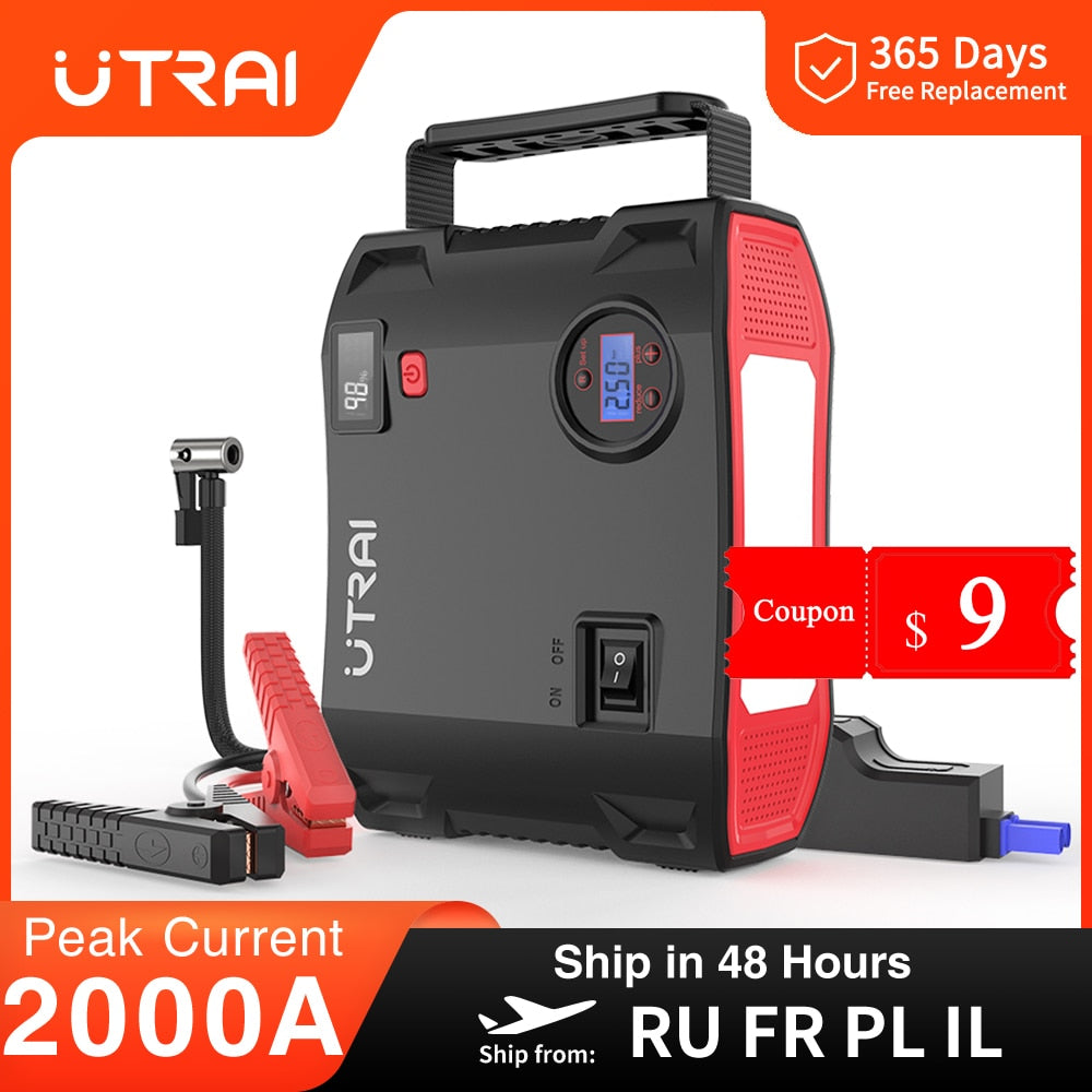 UTRAI 4 In 1 2000A Jump Starter Power Bank 150PSI Air Compressor Tire Pump Portable Charger Car Booster Starting Device - Quid Mart