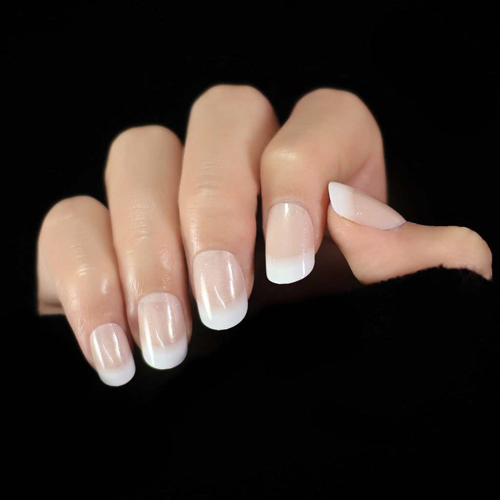 Salon Acrylic Press On Nails French Nails Short Length Ombre Round French Tips Glitter Pattern White Thin False Nail Art - Quid Mart