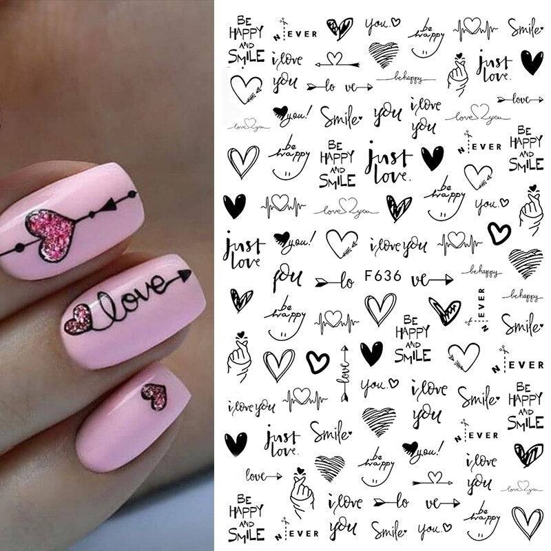 1PC Heart Love Design 3D Nail Sticker English Letter stickers Face Pattern Trasnfer Sliders Valentine's Day Nail Art Decoration - Quid Mart