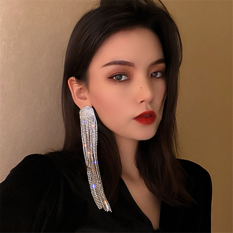 FYUAN Long Tassel Full Rhinestone Drop Earrings for Women Ovsize Crystal Dangle Earrings Fashion Jewelry Accessories - Quid Mart