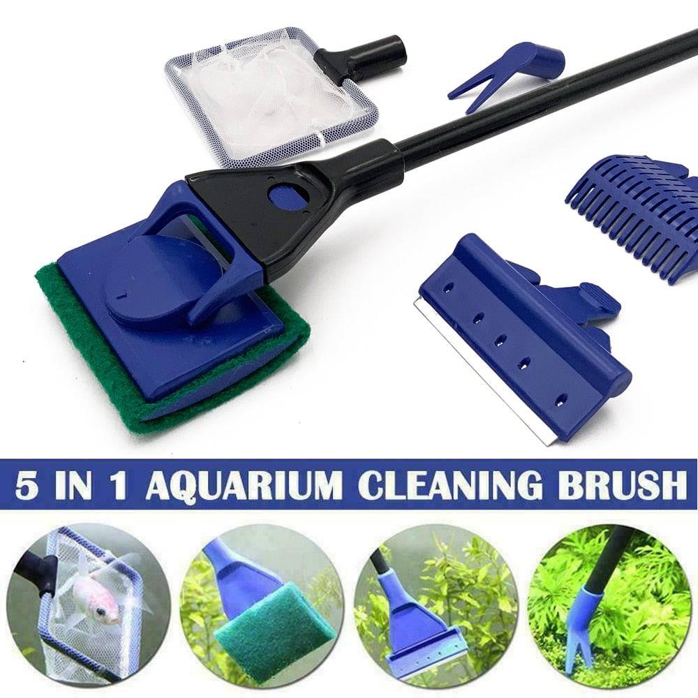 5 in 1 Aquarium Cleaning Tools Aquarium Tank Clean Set Fish Net Gravel Rake Algae Scraper Fork Sponge Brush Glass Cleaner - Quid Mart