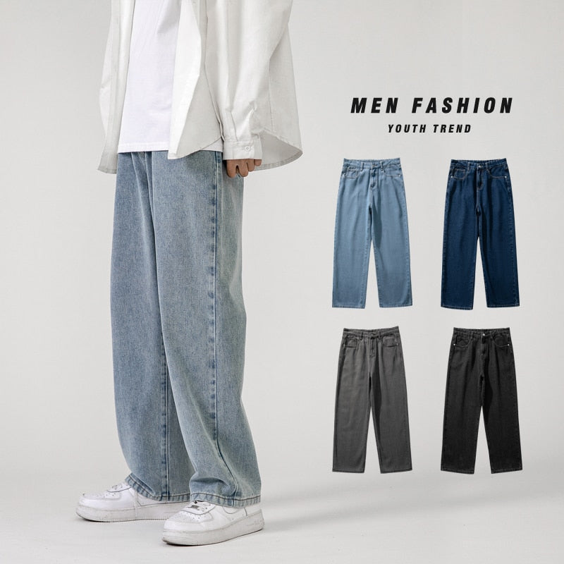 Korean Fashion Men's Baggy Jeans - Classic Solid Colors - Quid Mart