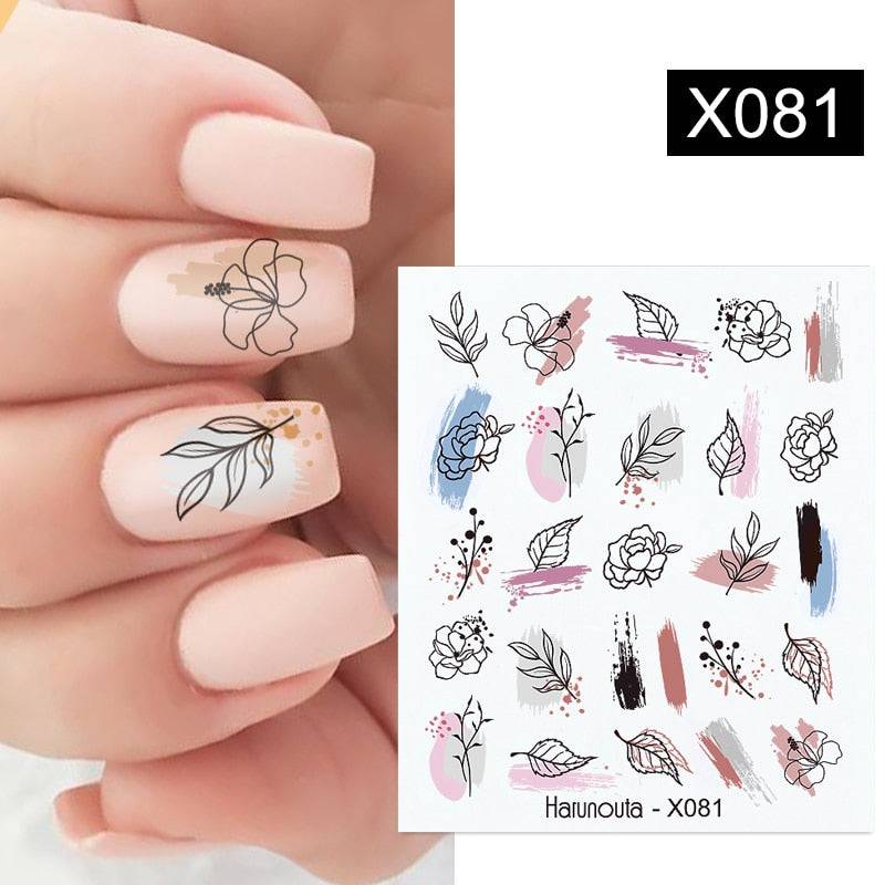 Harunouta Black Lines Flower Leaves Water Decals Stickers Floral Face Marble Pattern Slider For Nails Summer Nail Art Decoration - Quid Mart