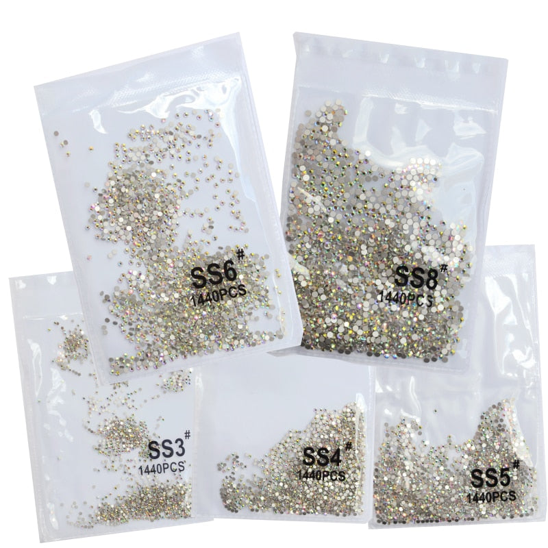 SS3-ss8 1440pcs Clear Crystal AB gold 3D Non HotFix FlatBack Nail Art Rhinestones Decorations Shoes And Dancing Decoration - Quid Mart
