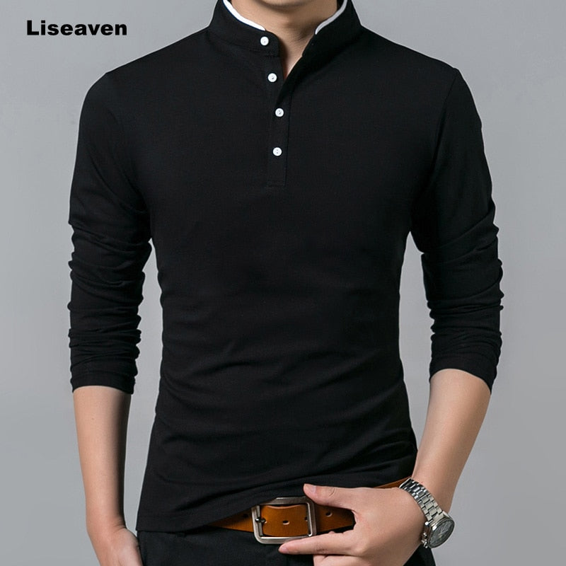 Liseaven Men's Mandarin Collar Cotton Tee: Solid Color, Full Sleeve - Quid Mart