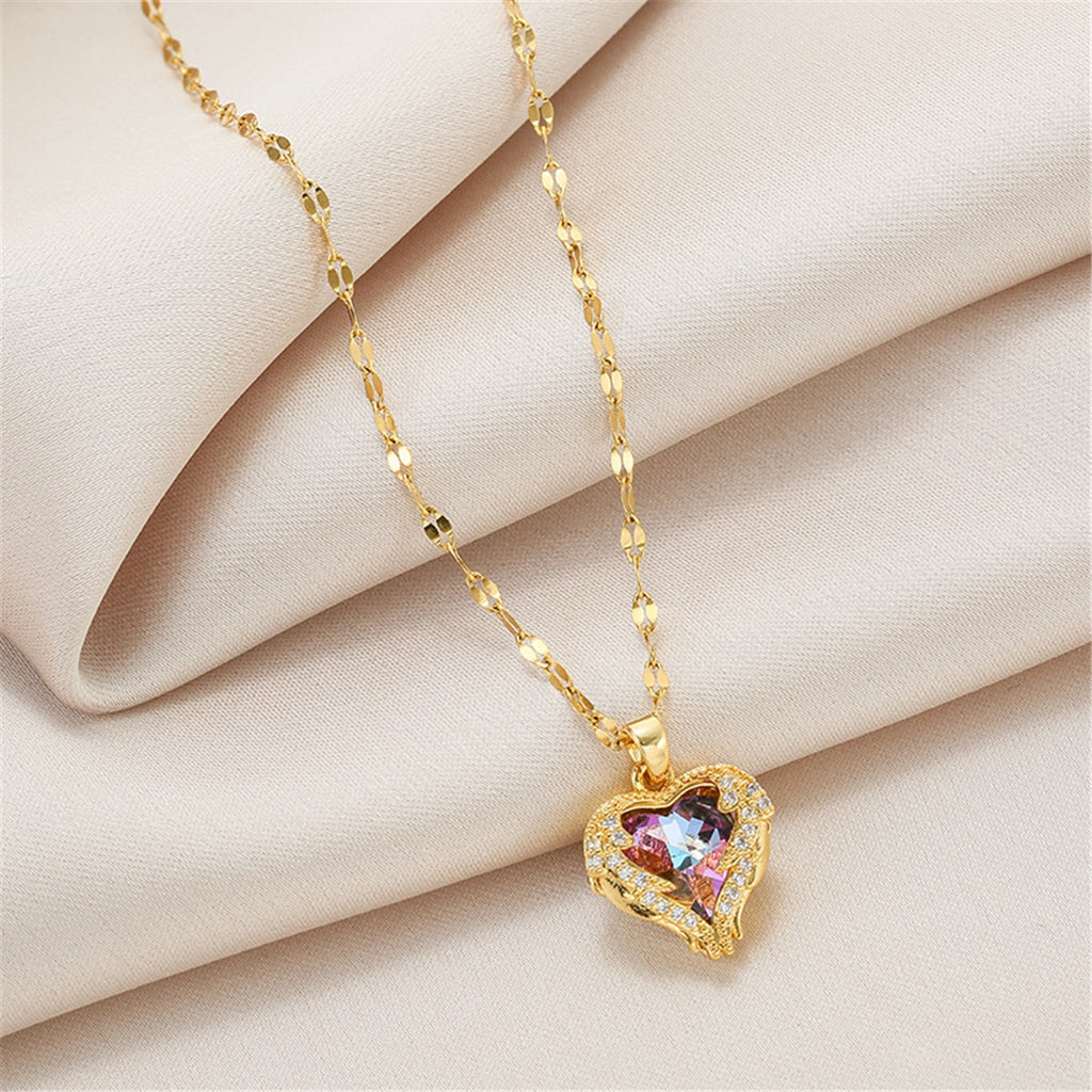 Luxury Zircon Crystal Ocean Heart Pendant Necklace For Women Korean Fashion Stainless Steel Jewelry Female Wedding Neck Chain - Quid Mart