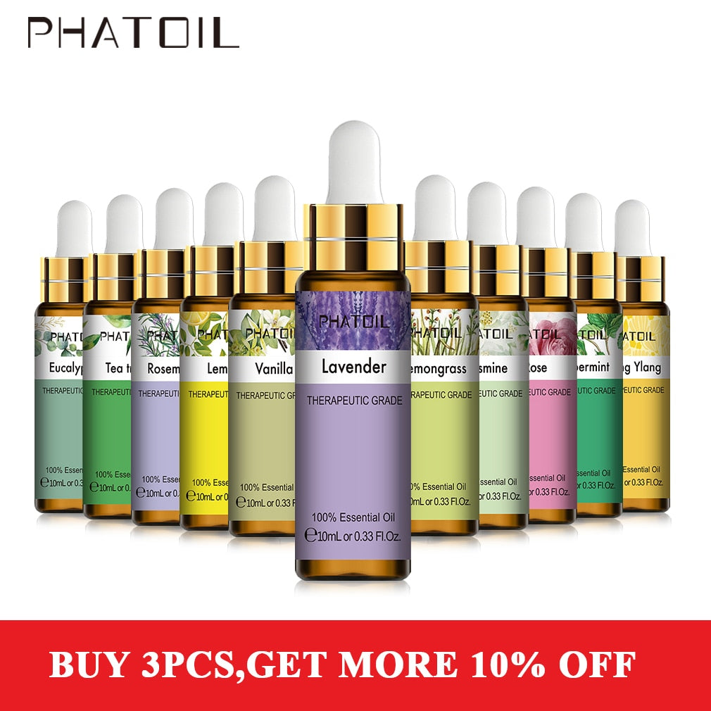 PHATOIL 10ML with Dropper Lavender Eucalyptus Vanilla Pure Natural Essential Oils Rose Jasmine Ylang Ylang Diffuser Aroma Oil - Quid Mart