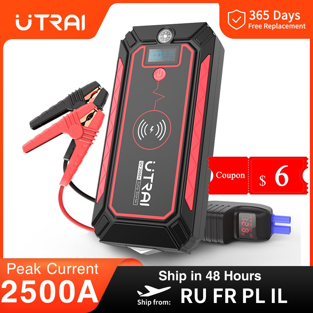 UTRAI 2500A Car Battery Starter Portable Power Bank 10W Wireless Charger LED Light Safety Hammer Car Jump Starter - Quid Mart