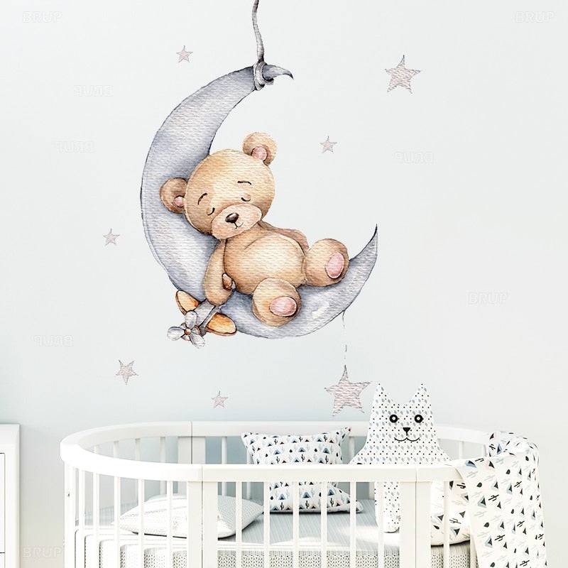 Cartoon Teddy Bear Sleeping on the Moon and Stars Wall Stickers for Kids Room Baby Room Decoration Wall Decals Room Interior - Quid Mart