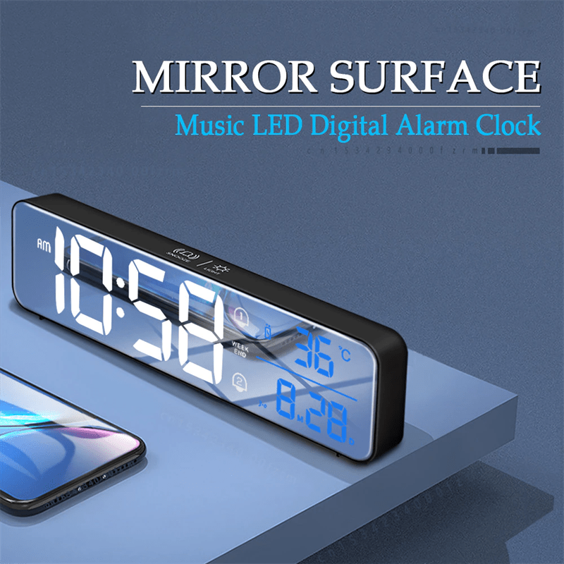 Music LED Digital Alarm Clock Temperature Date Display Desktop Mirror Clocks Home Table Decoration Voice Control 2400mAh Battery - Quid Mart