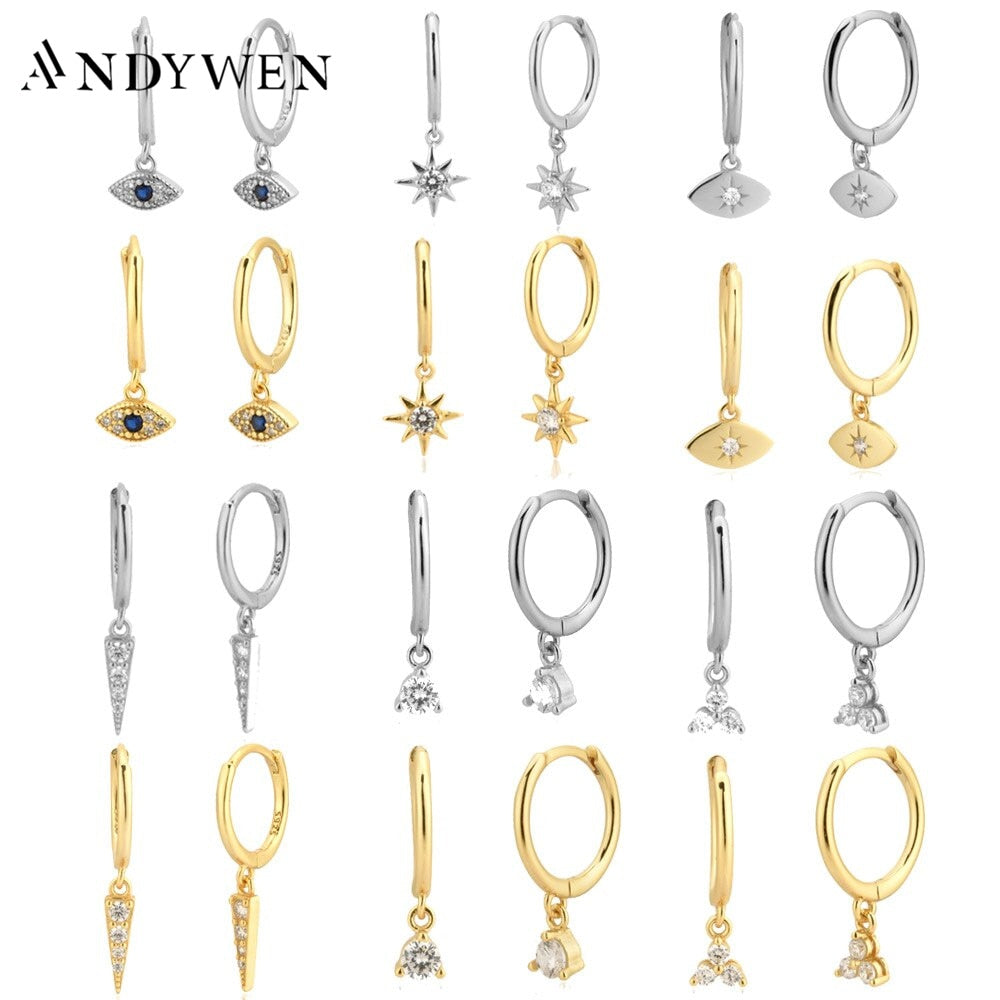 ANDYWEN 925 Sterling Silver Multi Dangle Hoops Crystal Thin Huggies With Charms Loops Circle Clips Earrings Jewelry For Womens - Quid Mart